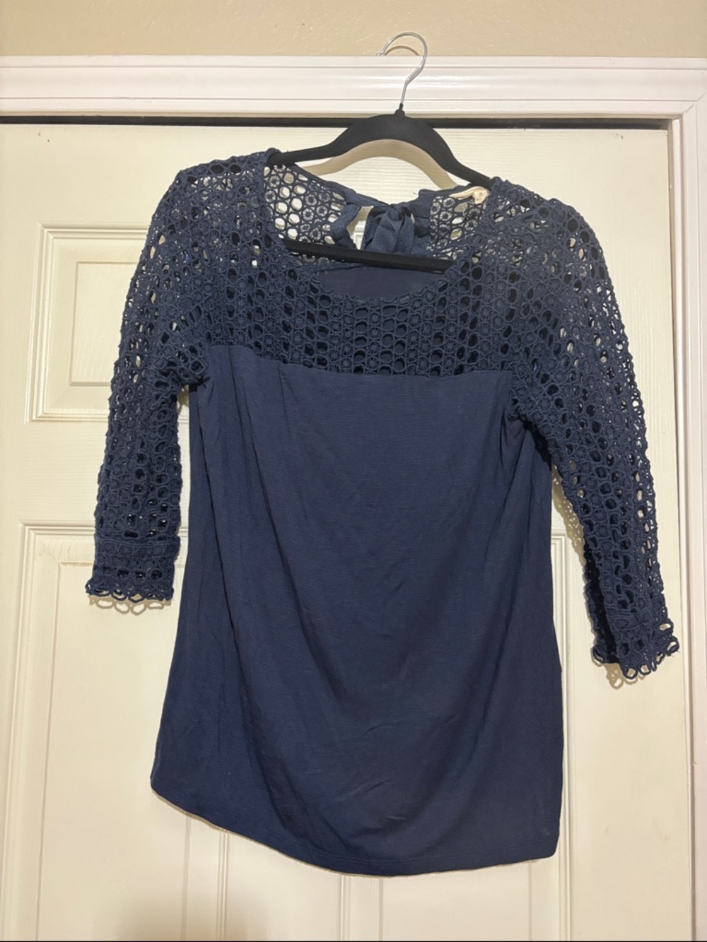 Adiva Navy Crochet Yoke Tie-Back Top